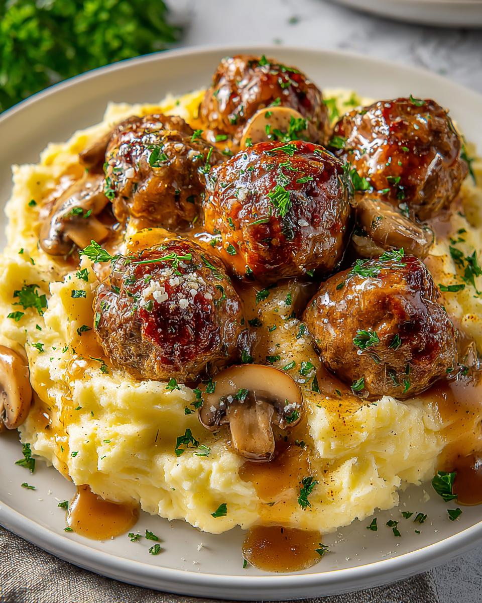 salisbury-steak-meatballs-with-garlic-herb-mashed-potatoes